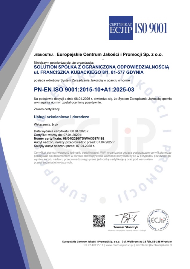 Certyfikat ISO 9001 dla&nbsp;Solution sp. z&nbsp;o.o.